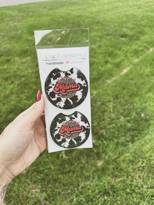 Cow Print Mama Car Coasters